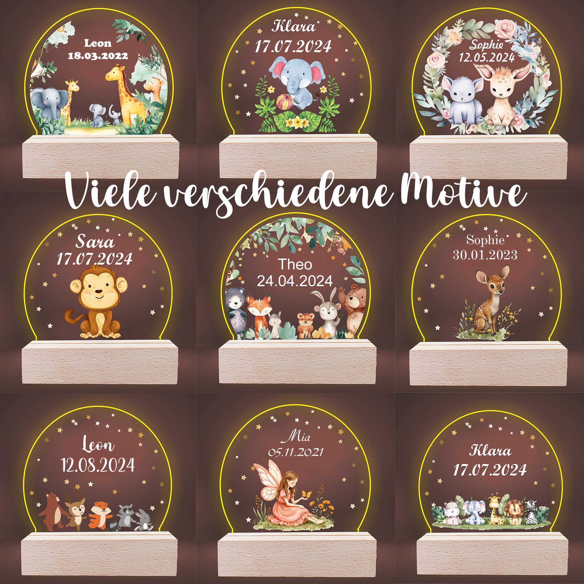 Nachtlicht 3D LED - für Kinder - individuell personalisiert mit Tieren Geschenk