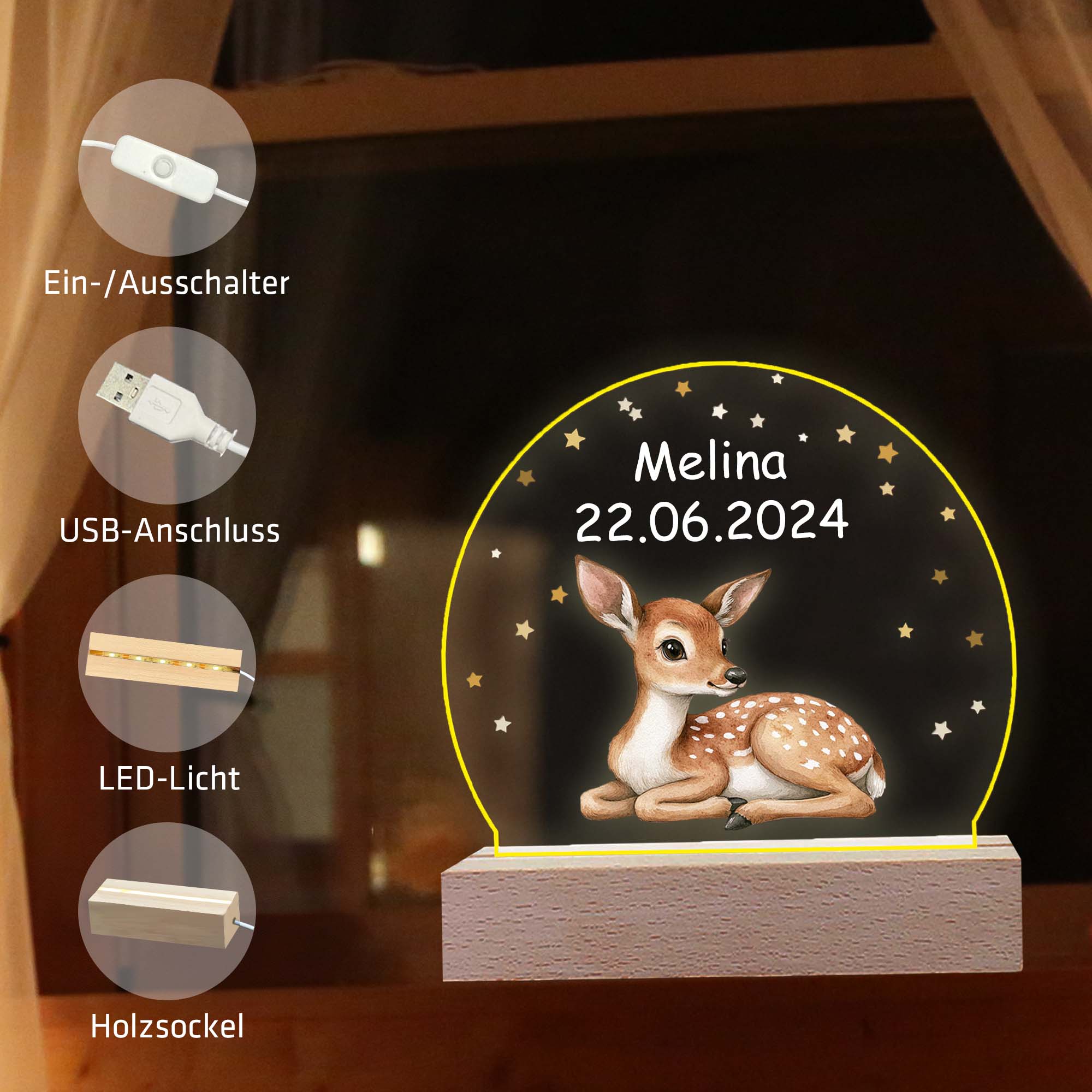Nachtlicht 3D LED - für Kinder - individuell personalisiert mit Tieren Geschenk