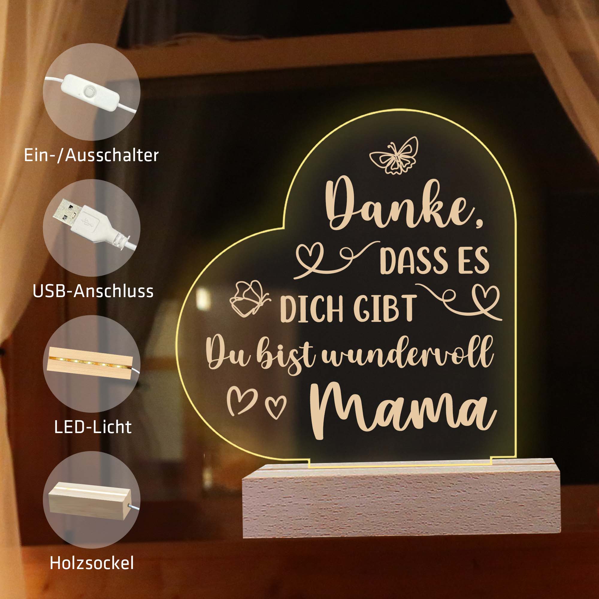 LED Nachttischlampe - Liebe, Familie, Mama, Papa - Herz mit Spruch Geschenk
