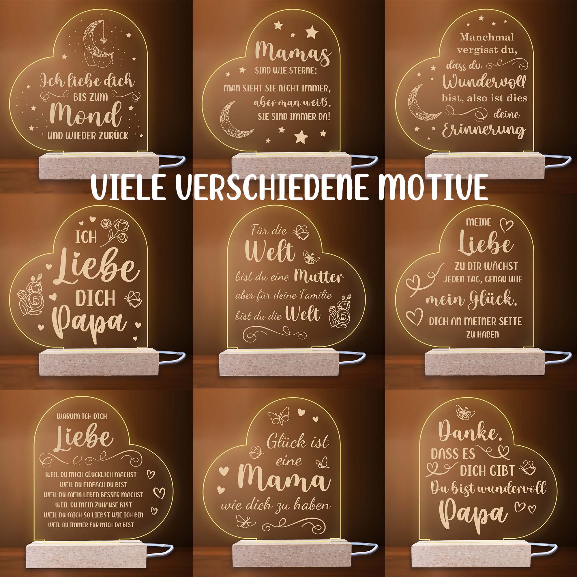 LED Nachttischlampe - Liebe, Familie, Mama, Papa - Herz mit Spruch Geschenk
