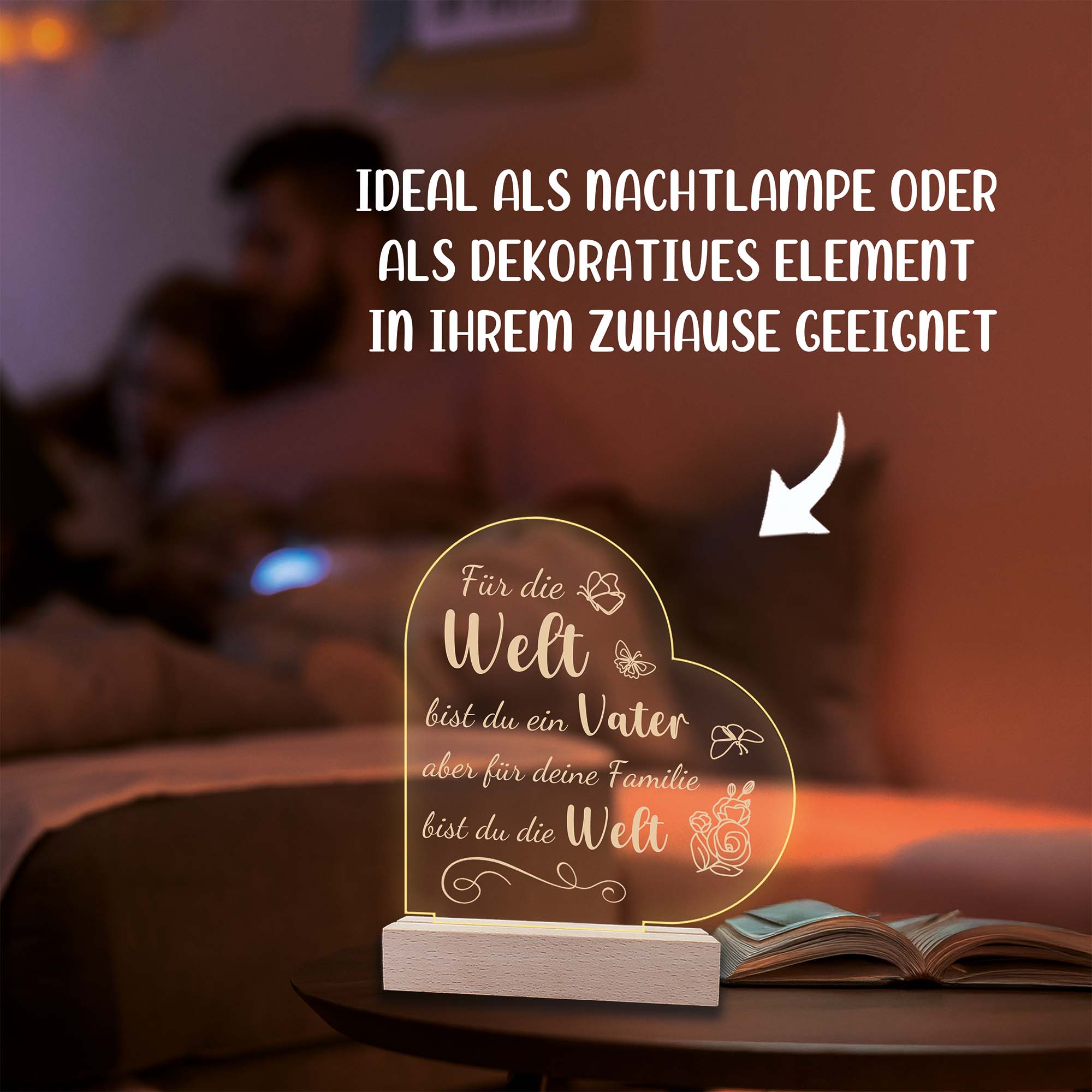 LED Nachttischlampe - Liebe, Familie, Mama, Papa - Herz mit Spruch Geschenk